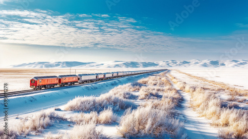 Trans-Siberian Railway Snaking Through Snowy Valley with Pink and Orange Sky - generative ai