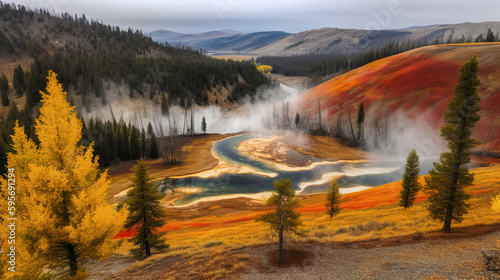 Yellowstone National Park in Fall: Trees Ablaze with Autumnal Colors - generative ai