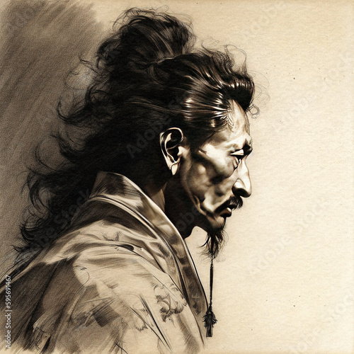 Charcoal Portrait of a Samurai- generative ai photo
