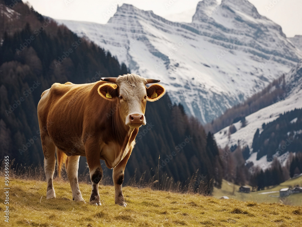 A Cow in the Alps Mountains - generative ai A Cow in the Alps Mountains - generative ai