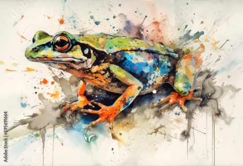Multicolored ink wash painting of a full body treefrog sitting, AI, Generative, Generative AI