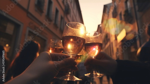  friends party , group of people sit and relax in a street cafe restaurant and congratulate each other with glasses of champagne in their hands, sunset in old town,generated ai
