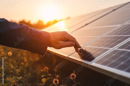 Erneuerbare Energie in Aktion: Männliche Hand streift Solarpaneele während des Sonnenuntergangs, AI generative