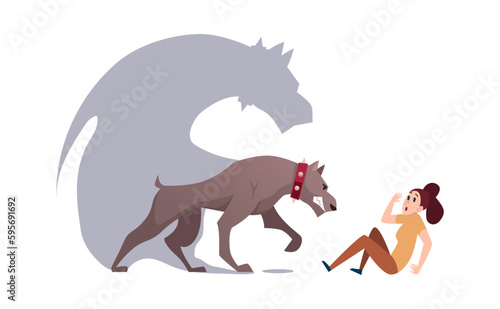 Angry dog. woman get scared of big aggresive dog Vector concept illustration
