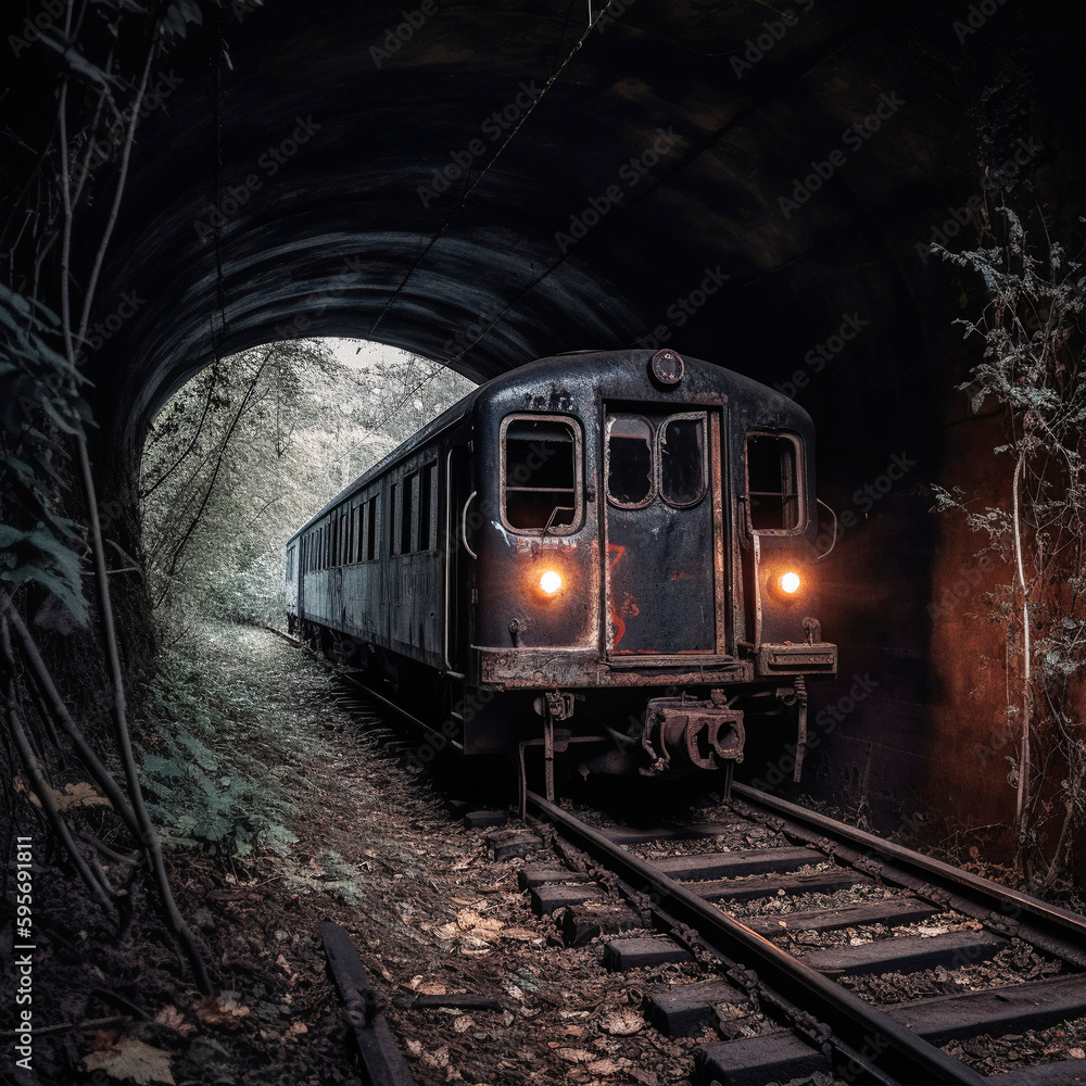 Forgotten Relic: Abandoned Rusted Train on Railway Track - generative ai Forgotten Relic: Abandoned Rusted Train on Railway Track - generative ai