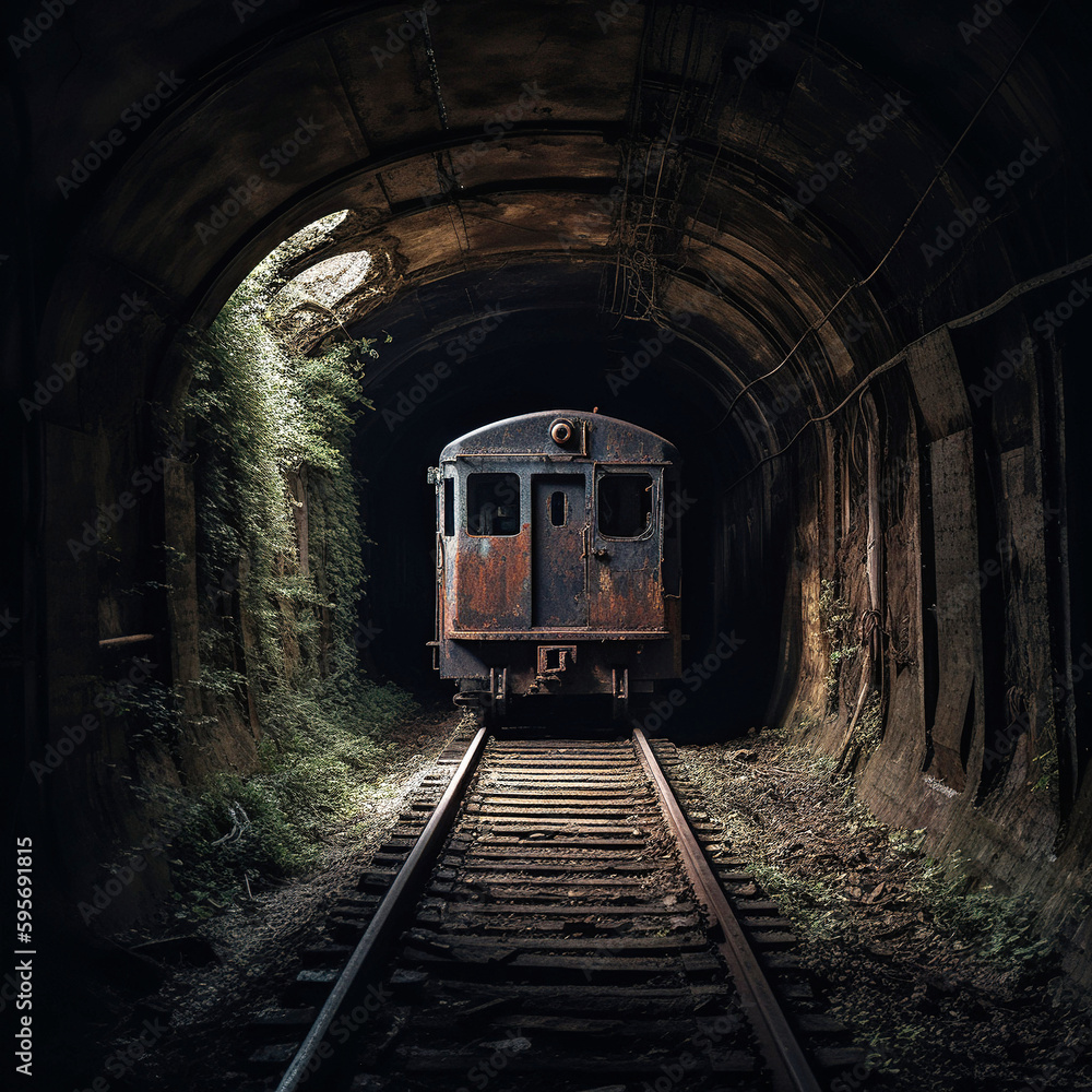 Naklejka premium Forgotten Relic: Abandoned Rusted Train on Railway Track - generative ai