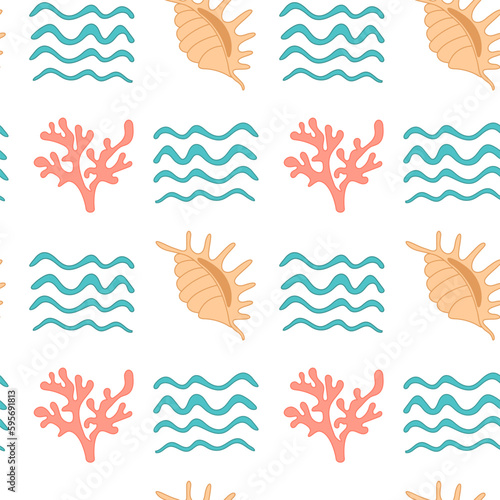 Fototapeta Naklejka Na Ścianę i Meble -  Seamless pattern of sea waves, shells and corals. Summer marine hand drawn background. Sea holiday concept