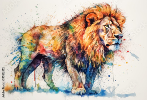 Multicolored ink wash painting of a full body lion standing, AI, Generative, Generative AI