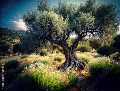 A Sacred Olive Tree in a Fairy Field - generative ai