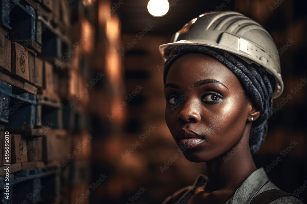 Black woman industry worker in warehouse, Generative AI Black woman industry worker in warehouse, Generative AI