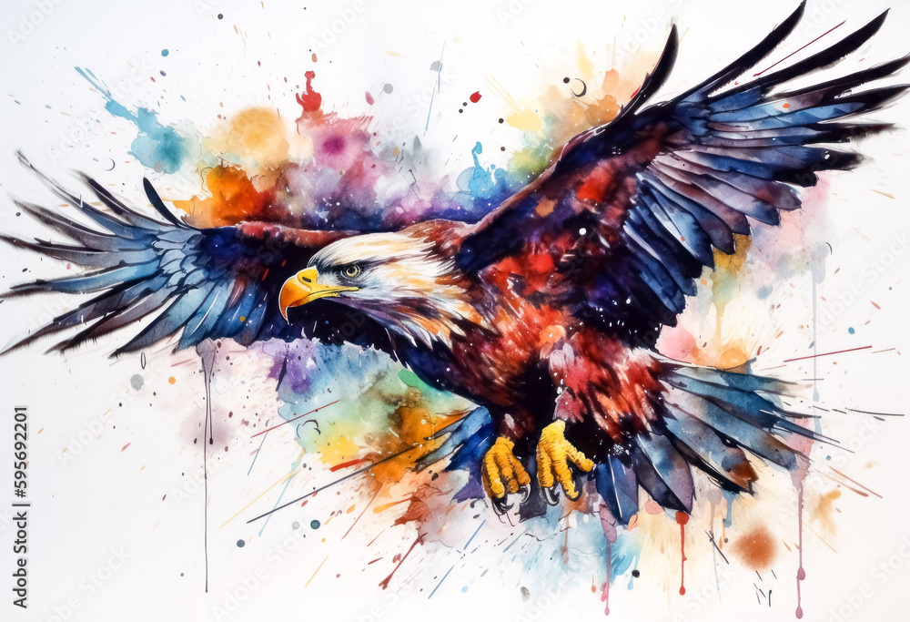 Multicolored ink wash painting of a full body eagle flying, AI, Generative, Generative AI