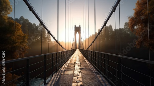 A suspension bridge on a sunset. Generative AI