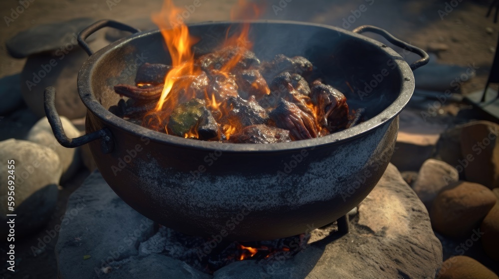 A traditional potjie stew being cooked over an open fire, in South Africa. intricate flames. Generative AI A traditional potjie stew being cooked over an open fire, in South Africa. intricate flames. Generative AI