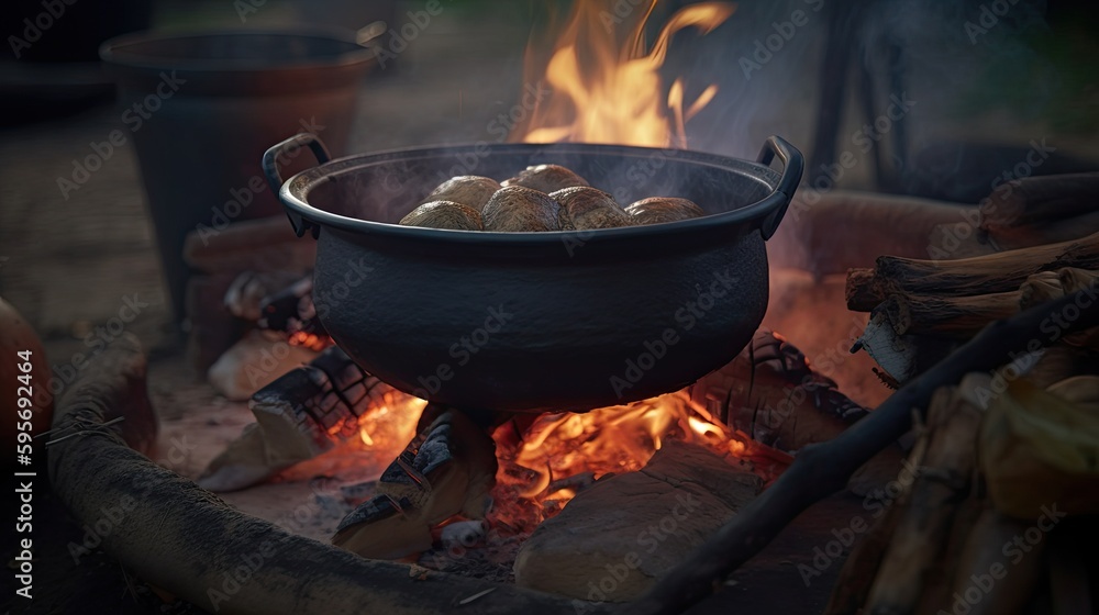 A traditional potjie stew being cooked over an open fire, in South Africa. Generative AI 