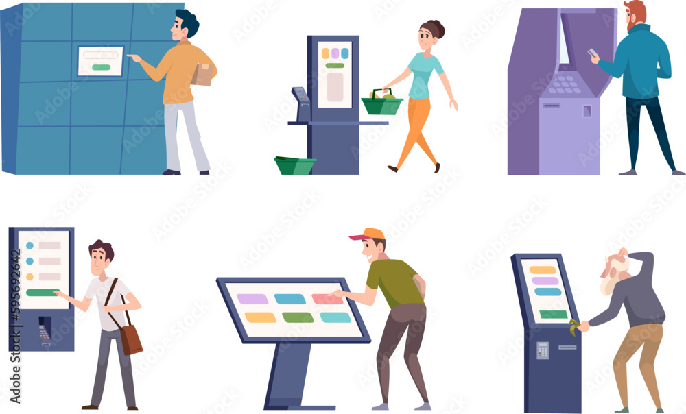 Self ordering kiosk. Supermarket customers checkout bankomat buying tickets exact vector templates