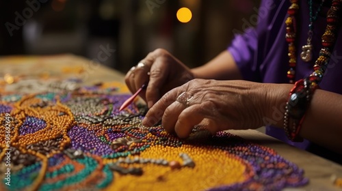 A close-up woman creating Mardi Gras beadwork, Generative AI