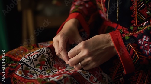 A woman's hand-embroidering traditional clothes. Generative AI © Mockup Station