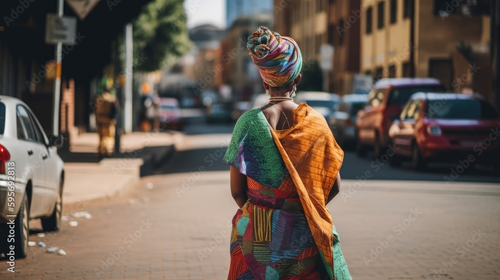 A woman wearing a traditional boubou loose-fitting dress walking in an empty street. Colorful. Generative AI A woman wearing a traditional boubou loose-fitting dress walking in an empty street. Colorful. Generative AI