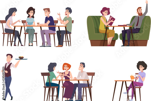 Restaurant meeting. Love couples friends party in restaurant or coffee relax person seating exact vector cartoon concept characters