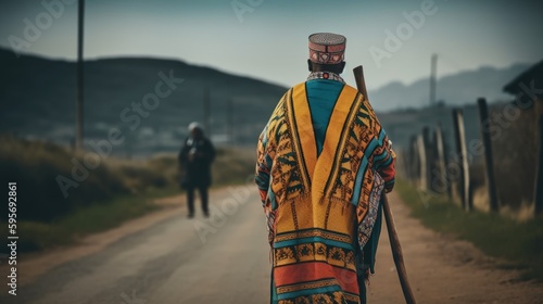 A Xhosa man wearing traditional attire and carrying a walking stick in the villages. a blurry man approaching. Generative AI photo
