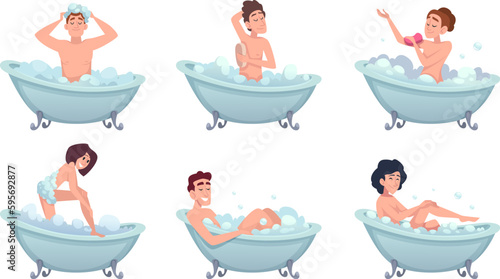 Bathing. Daily routine time male and female characters body washing exact vector cartoon illustrations