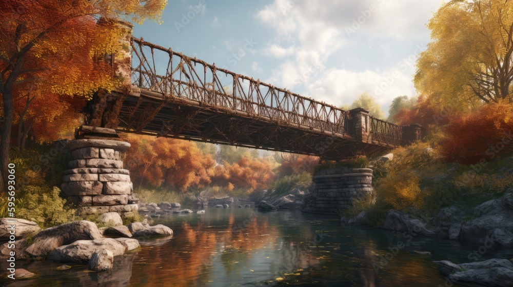Fototapeta premium An old historic bridge over the river in autum. Generative AI