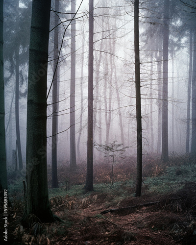 Ethereal photo of a forest at dawn - generative ai