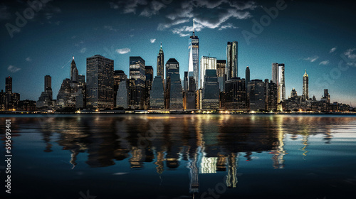  Nighttime Reflections of Manhattan's Beautiful Cityscape- generative ai