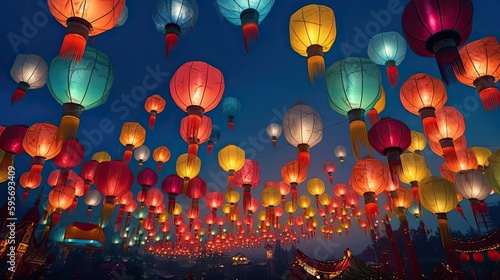 Chinese New Year celebration is represented by colorful lanterns and fireworks. Generative AI