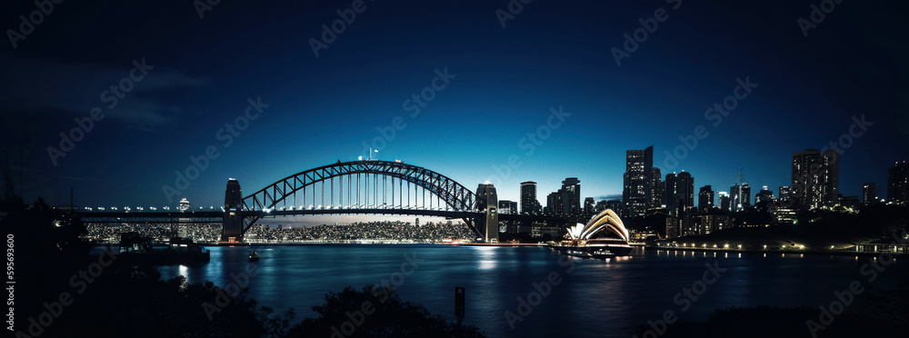 Naklejka premium Nighttime cityscape of Sydney with bridge in view - generative ai