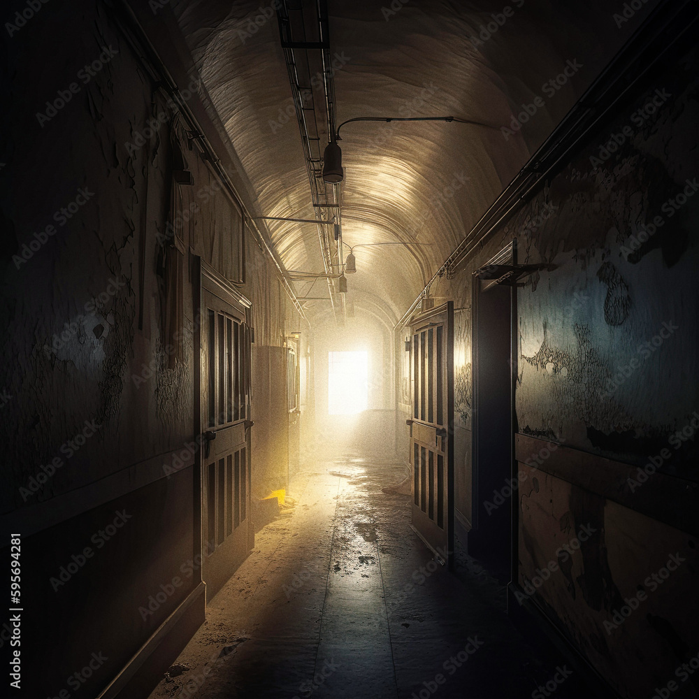 Confinement's Contrast: Inside a Cinematic Prison Hallway - generative ai Confinement's Contrast: Inside a Cinematic Prison Hallway - generative ai