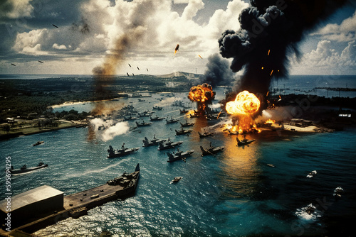 Devastation at Pearl Harbor: Japanese Air Strike on American Boats WWII - generative ai photo