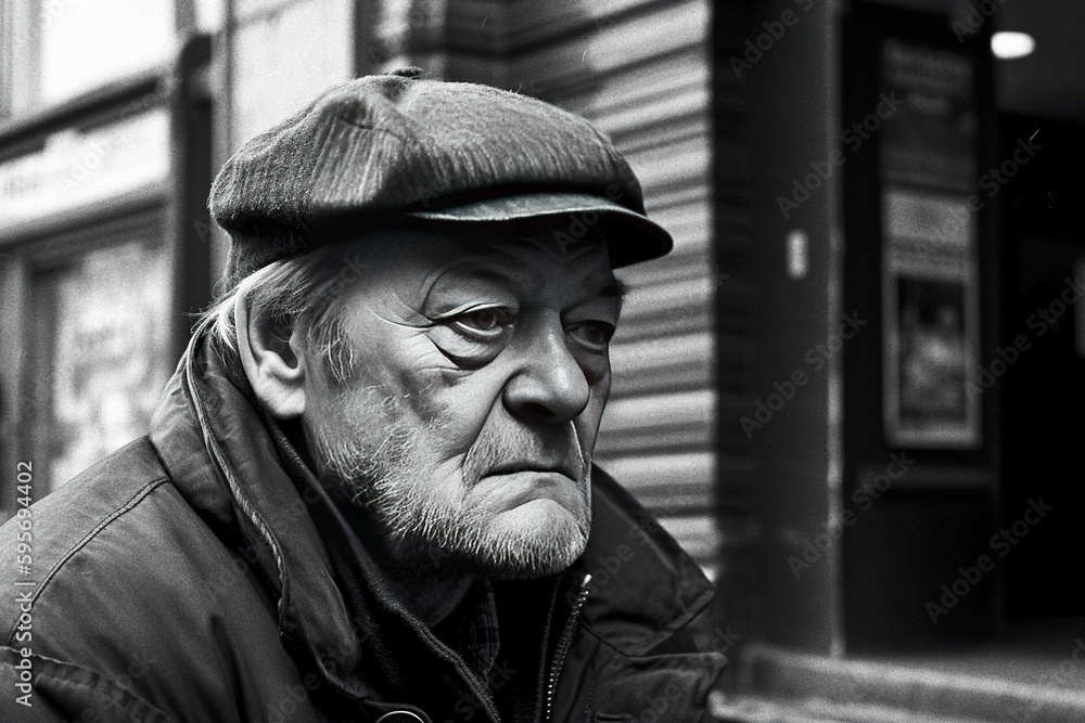 Sad black and white portrait of a poor old man - generative ai Sad black and white portrait of a poor old man - generative ai