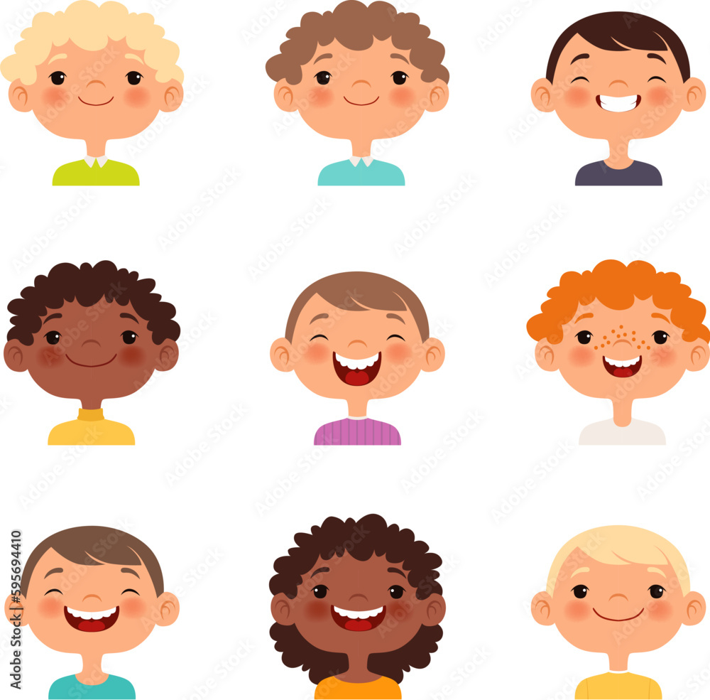 Happy boys faces. Preteen blond brunette brown hair and redhead laughing kids, smiling children friends portraits Happy boys faces. Preteen blond brunette brown hair and redhead laughing kids, smiling children friends portraits