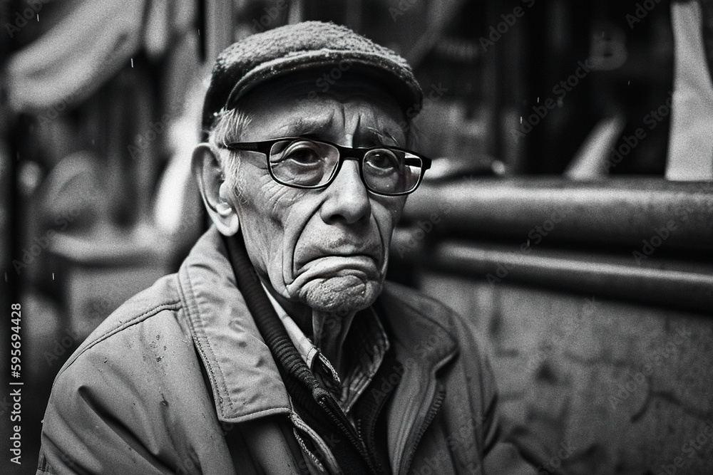 Sad black and white portrait of a poor old man - generative ai Stock ...
