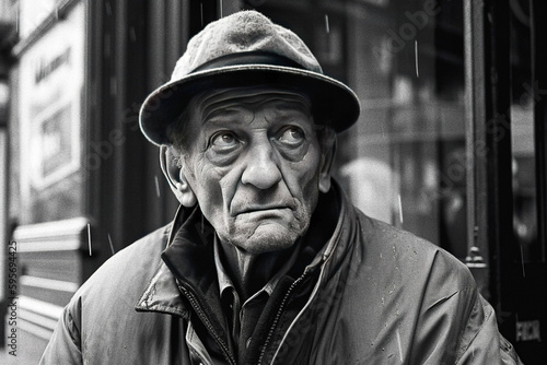 Sad black and white portrait of a poor old man - generative ai