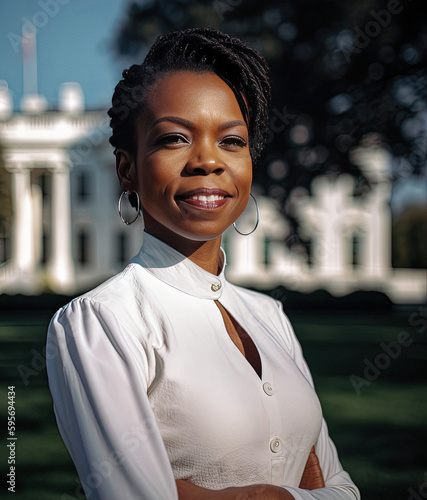 First Black Female President Poses in White House Garden - generative ai