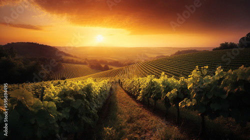 A golden sun setting over a vast verdant vineyard - generative ai