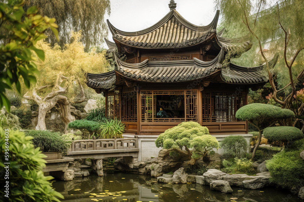 Serene Chinese Tea House with Beautiful Garden - generative AI Serene Chinese Tea House with Beautiful Garden - generative AI