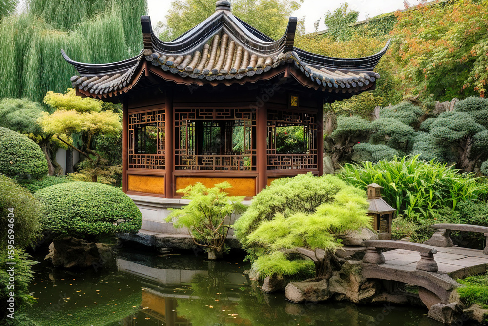 Serene Chinese Tea House with Beautiful Garden - generative AI Serene Chinese Tea House with Beautiful Garden - generative AI