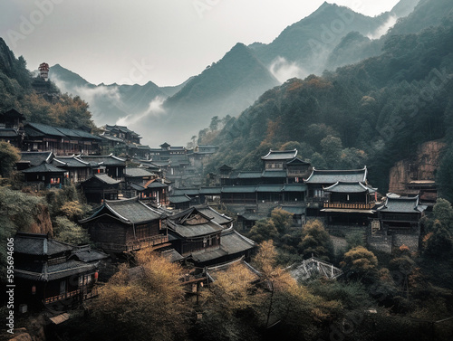 Traditional Chinese Village Tucked in the Mountains - generative AI