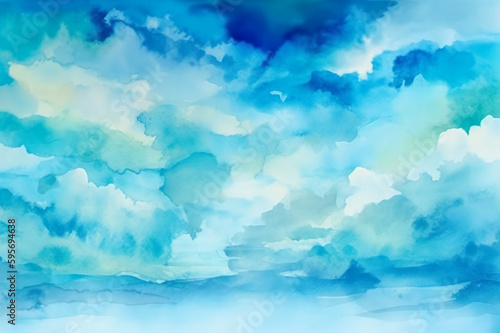 Blue Sky with Clouds, Watercolor. Generative AI