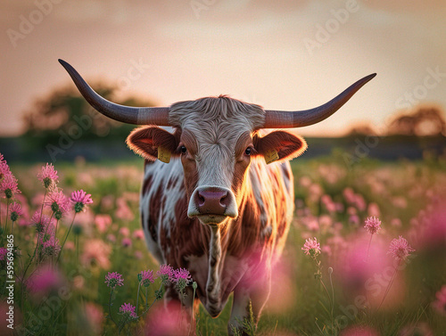 Portrait of a Longhorn Cow in a Lush Green Pasture - generative AI