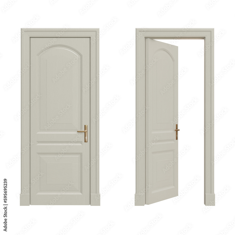 Classic white wooden door closed and open isolated on transparent background. 3D rendering Classic white wooden door closed and open isolated on transparent background. 3D rendering