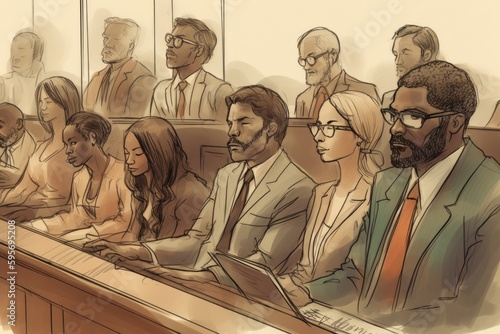 Illustration of a jury sitting in a courtroom, waiting to deliver a verdict. The jurors are depicted as a diverse group of individuals. generative AI photo