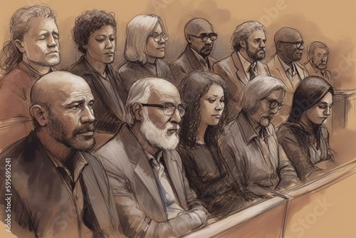 Illustration of a jury sitting in a courtroom, waiting to deliver a verdict. The jurors are depicted as a diverse group of individuals. generative AI
