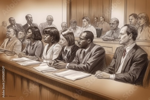 Illustration of a jury sitting in a courtroom, waiting to deliver a verdict. The jurors are depicted as a diverse group of individuals. generative AI