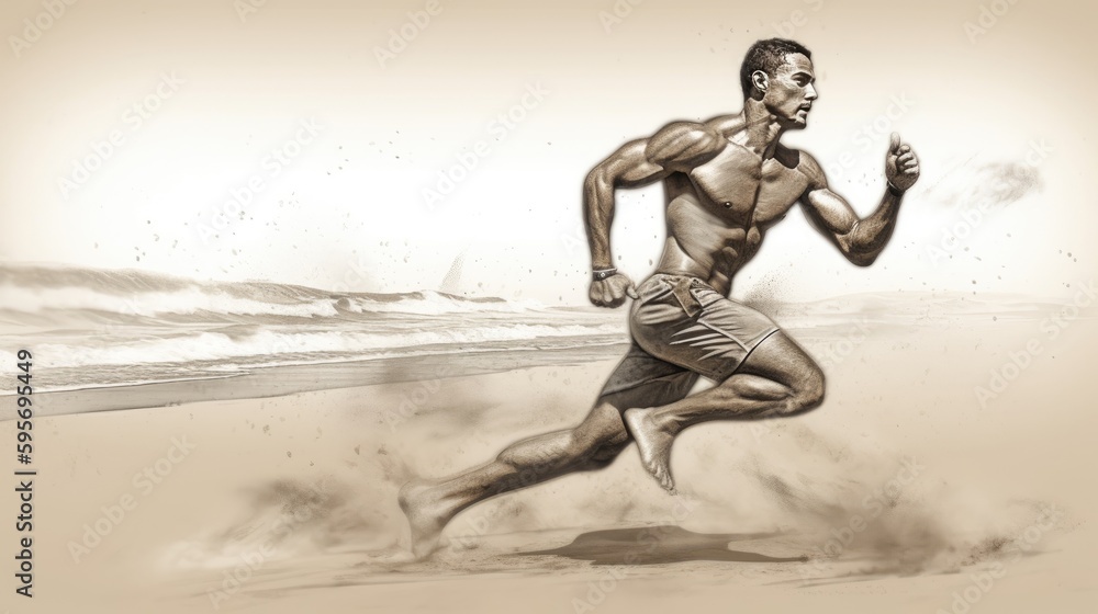 Enthusiastic athlete running on a beach sketch style. Generative AI