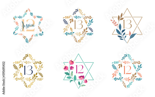 Jewish symbol. Star of David with leaves, flowers collection. Bat and Bar Mitzvah concept design