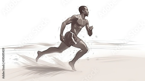 Enthusiastic athlete running on a beach sketch style. Generative AI